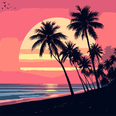 Pink Sunset Silhouette Palm Trees Tropical Beach Scene