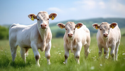 Fototapeta premium A group of white cows are standing in a field