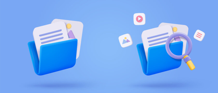 3d media file management icon. Searching image and video in organization database. paperwork sharing soft, document flow app, compound docs find concepts. 3d magnifying icon vector render illustration