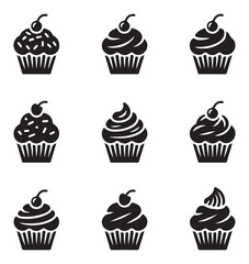 A collection of black silhouette cupcakes with cherries on top, ideal for bakery and dessert-related design themes.