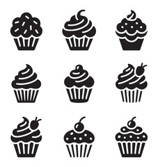A collection of black silhouette cupcakes with cherries on top, ideal for bakery and dessert-related design themes.