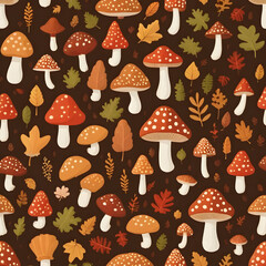Autumnal Forest Floor Seamless Pattern Colorful Mushrooms and Fall Leaves Design