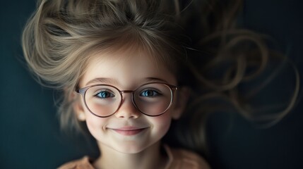Obraz premium Young girl with glasses smiling on dark background, playful mood