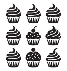 A collection of black silhouette cupcakes with cherries on top, ideal for bakery and dessert-related design themes.