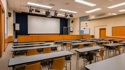 Empty Modern Classroom with Wooden Tables and Chairs