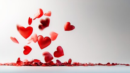 Heart-shaped cloud of red confetti is falling from the sky. Concept of joy and celebration, as the confetti represents happiness and love