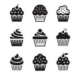 A collection of black silhouette cupcakes with cherries on top, ideal for bakery and dessert-related design themes.