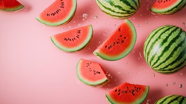 Close up of watermelon slices on a pink background. The slices are cut in half and arranged in a row
