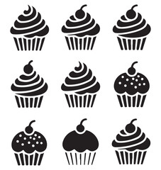 A collection of black silhouette cupcakes with cherries on top, ideal for bakery and dessert-related design themes.