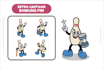 Set of Traditional Bowling Pin Cartoon Illustration with Varied Poses and Expressions