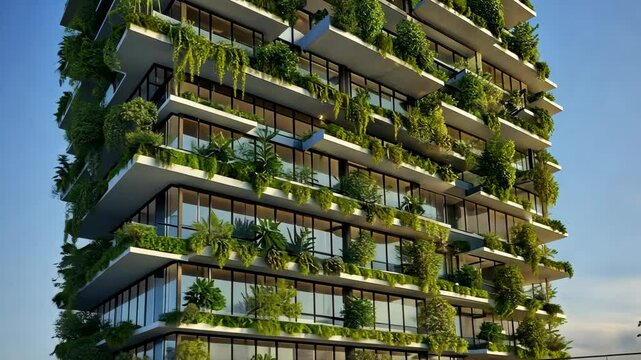 Modern architectural marvel of a high-rise building covered with lush greenery and vibrant vegetation cascading down balconies.