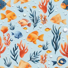 Naklejka premium seamless cartoon marine life pattern with fish, starfish, jellyfish, seahorses, corals in vivid colors