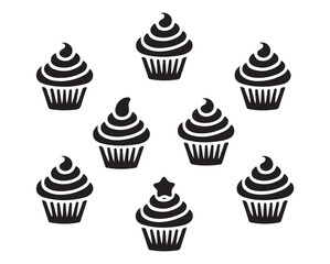 A collection of black silhouette cupcakes with cherries on top, ideal for bakery and dessert-related design themes.