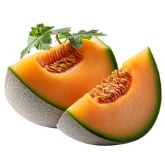 Fresh Cantaloupe Melon Slices with Green Leaves and Seeds