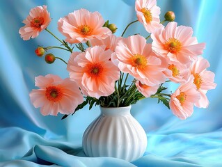 Fresh Pink Flowers in White Vase against Soft Blue Background