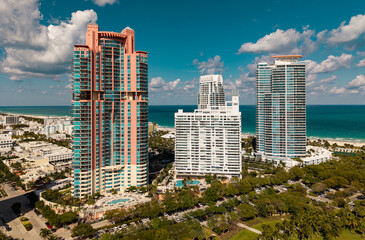 Miami beach cityscape. Miami summer aerial view. Miami Beach shoreline. South Beach Miami aerial...