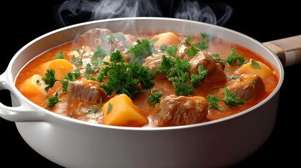 Hearty Beef Stew with Vegetables and Fresh Herbs in White Pot