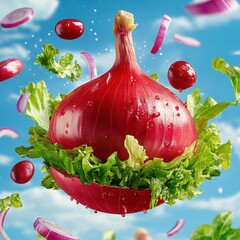 Fresh Ingredients Flying in Air Over Bright Blue Sky Background