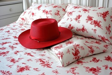 Red Hat on Floral Bedding with White Background and Textiles
