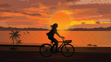 Vector silhouette of a woman riding a cycle on sunset