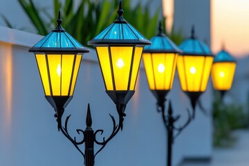 Colorful Street Lamps with Blue and Yellow Shades at Sunset