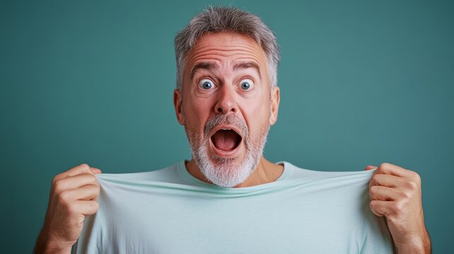 Man with a surprised expression on his face is holding up his shirt. The shirt is green and has a white collar. The man's facial expression