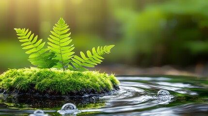 Lush Green Ferns Growing on Mossy Island Amidst Calm Water Surface