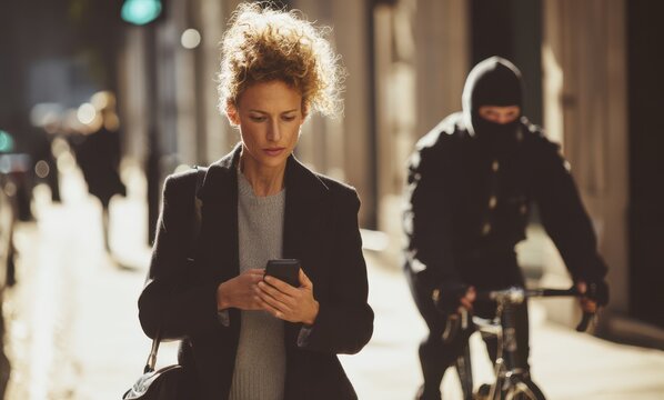 Businesswoman distracted by phone as thief approaches on bicycle in city street