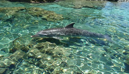 Dolphins gracefully swimming and playing in the pristine, crystal clear waters of the ocean