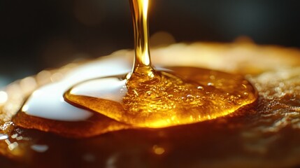 Fototapeta premium Golden syrup drizzling over pancakes with a warm background