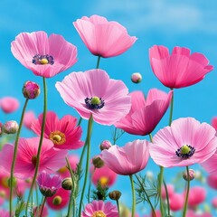 Beautiful Pink Flowers Blooming Under Clear Blue Sky in Spring