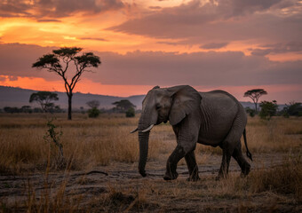 African Elephant Walking at Sunset in the Savannah