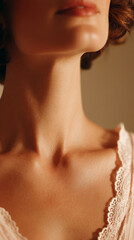 Close-up focus on a young woman&rsquo;s flawless neck and skin, highlighting elegance, youth, and beauty. Symbolizes skincare, grace, and modern femininity in a refined and minimalist aesthetic.

