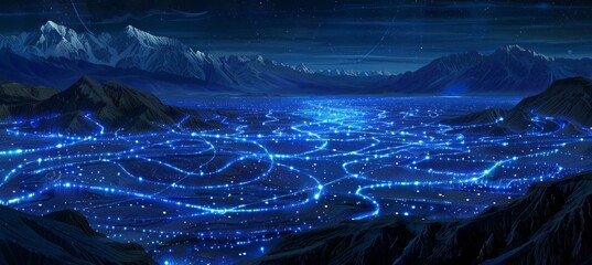 Surreal beach scene featuring dynamic sands and luminous waters under a dreamlike sky