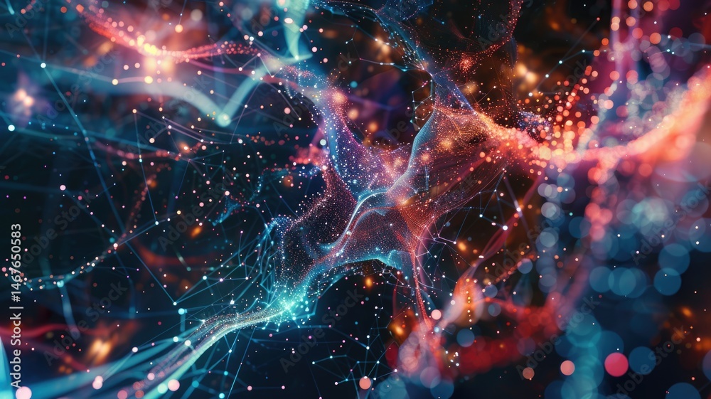 Poster abstract art of digital network with glowing nodes and colorful lights. digital artwork of glowing n