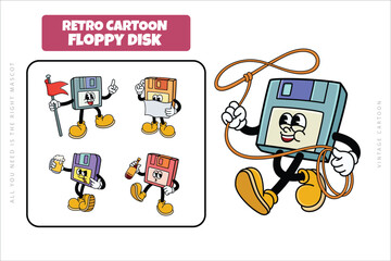 Set of Traditional Floppy Disk Cartoon Illustration with Varied Poses and Expressions