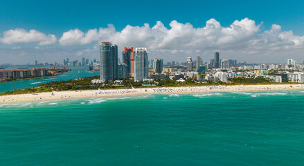 Naklejka premium Miami Beach aerial view with skyline. Miami from above. Miamis famous landmarks. South Pointe beach with skyscrapers. Miami city panorama. Miami skyline and ocean.