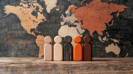 Wooden figurines of diverse colors stand against a world map background, representing inclusivity and diversity, Ideal for projects on global unity, teamwork, or cultural representation,