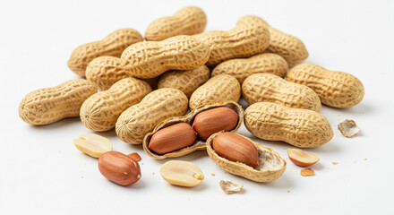 Close-up of shelled peanuts and some in shells.
