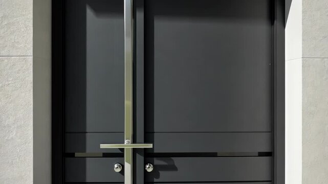 Modern anthracite front door with a vertical chrome handle set within a stone facade, providing secure entrance to a contemporary home