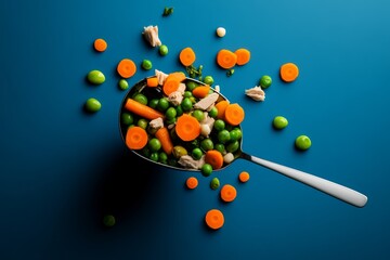 Spoonful of mixed vegetables including carrots and peas. The spoon is full of food and the vegetables are scattered all over the blue background