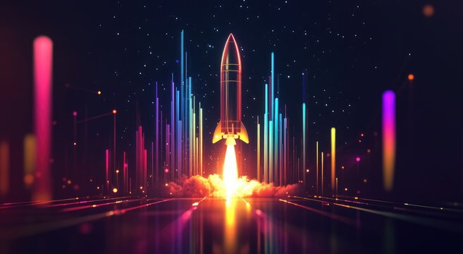 Rocket launch into vibrant digital space.  Abstract design with a rocket taking off, surrounded by colorful lines and particles, representing growth and innovation