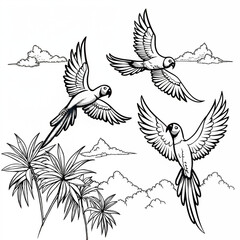Obraz premium Three outlined macaws flying above tropical palms and mountains in a black-and-white sketch