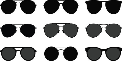 A collection of stylish sunglasses in different designs and dark shades for summer fashion