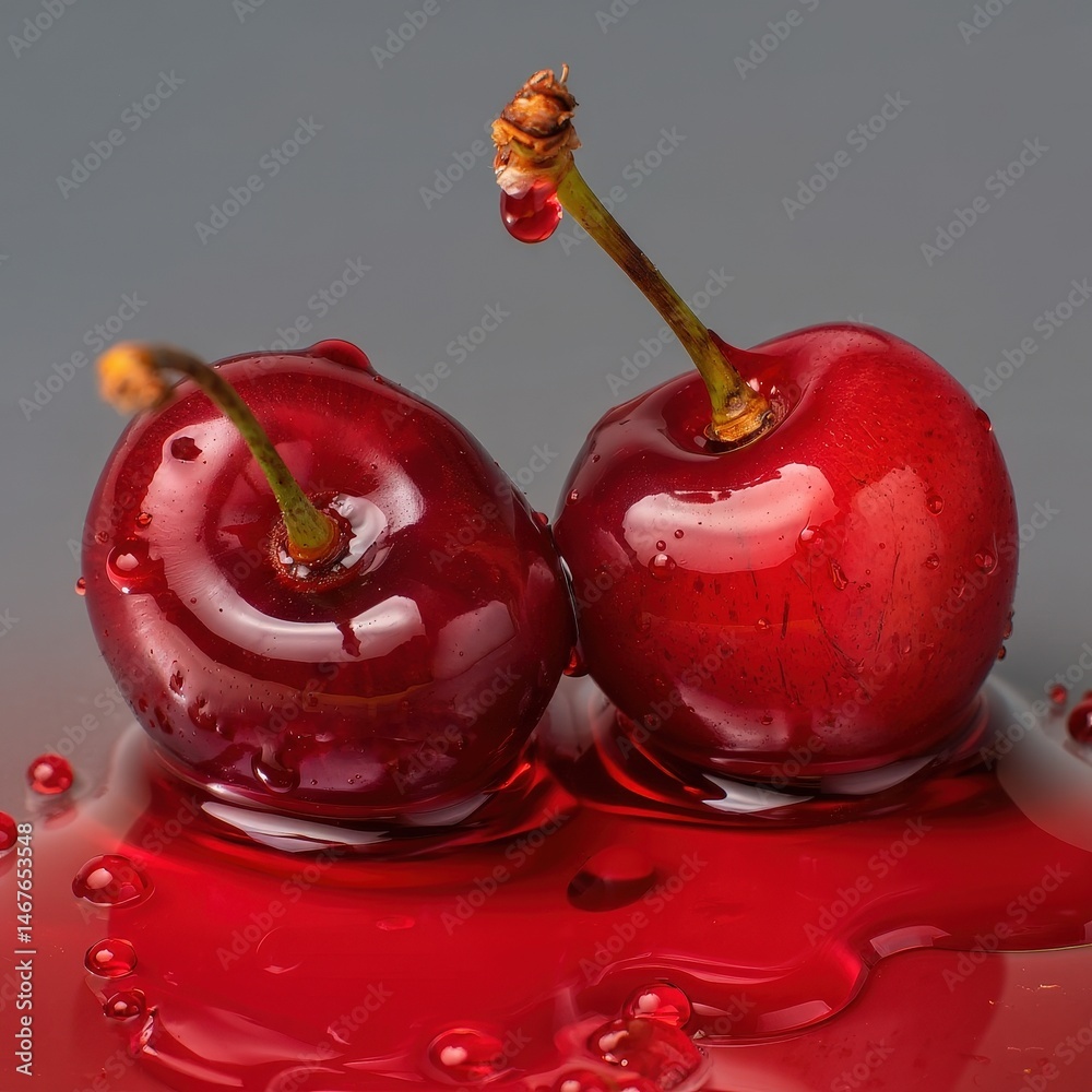 Poster two red cherries on stems in red liquid.