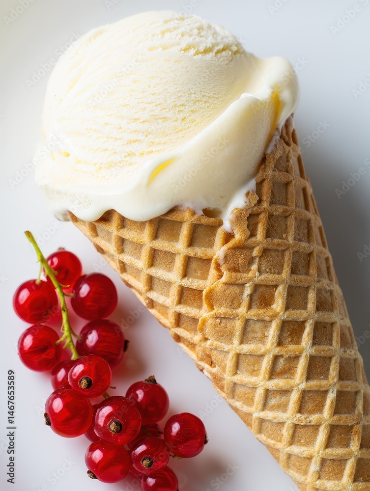 Poster a scoop of vanilla ice cream in a waffle cone, topped with whipped cream and red berries beside it.
