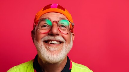 Man with a red hat and glasses is smiling. He is wearing a yellow shirt