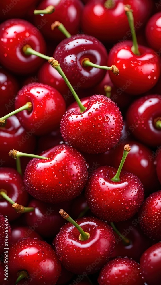 Poster a close-up view of red cherries with visible drops of water on them.