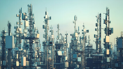 Fototapeta premium Futuristic Cityscape of Geometric Towers and Cubes Under a Pastel Sky