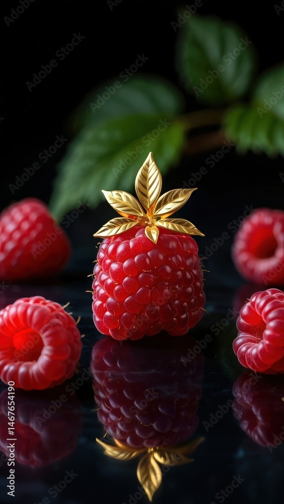 Poster a single raspberry with a gold leaf on top, surrounded by other red raspberries.